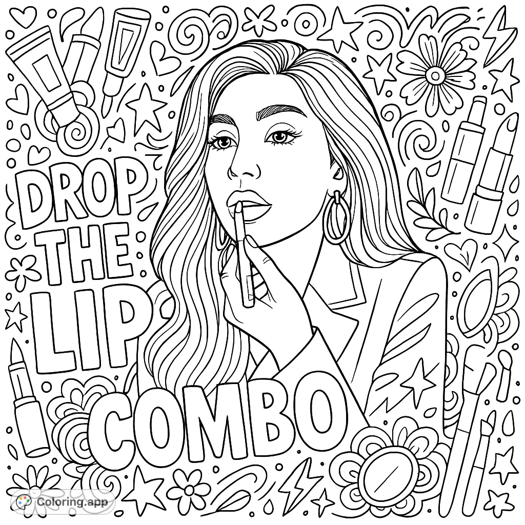 A stylish woman applies makeup, surrounded by a dense, playful doodle background of beauty items, hearts, and stars, with empowering text.