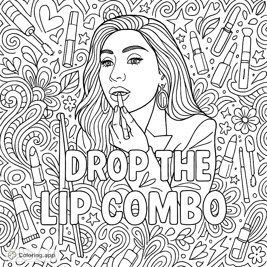 A stylish woman applies lip makeup amidst a dense, playful doodle background of beauty items, hearts, and stars, with an empowering message.