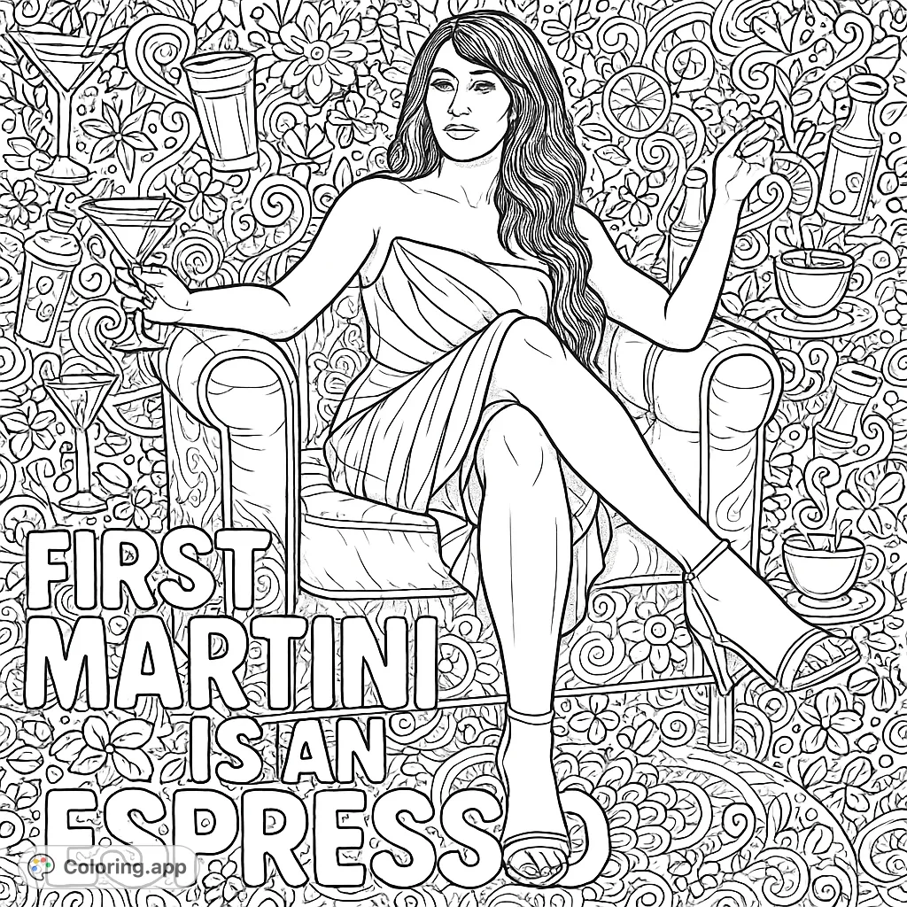 A glamorous woman in a draped dress sips a drink in an armchair, surrounded by intricate cocktail and coffee doodles. Perfect for detailed adult coloring.