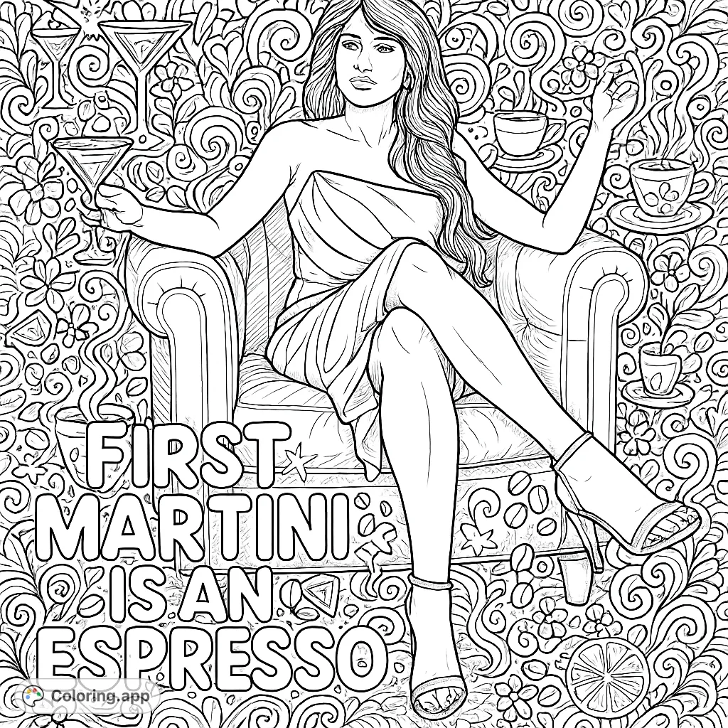 A glamorous woman in a draped dress sips a drink in an armchair, surrounded by intricate cocktail and coffee doodles. Perfect for detailed adult coloring.