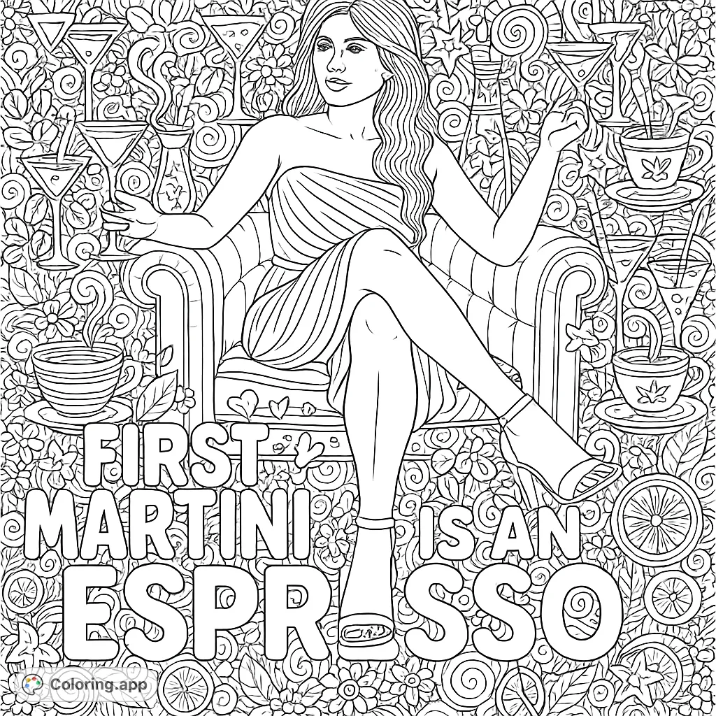 A glamorous woman sips a martini amidst a dense, whimsical background of cocktails, coffee, and playful doodles, with a fun phrase for coloring.