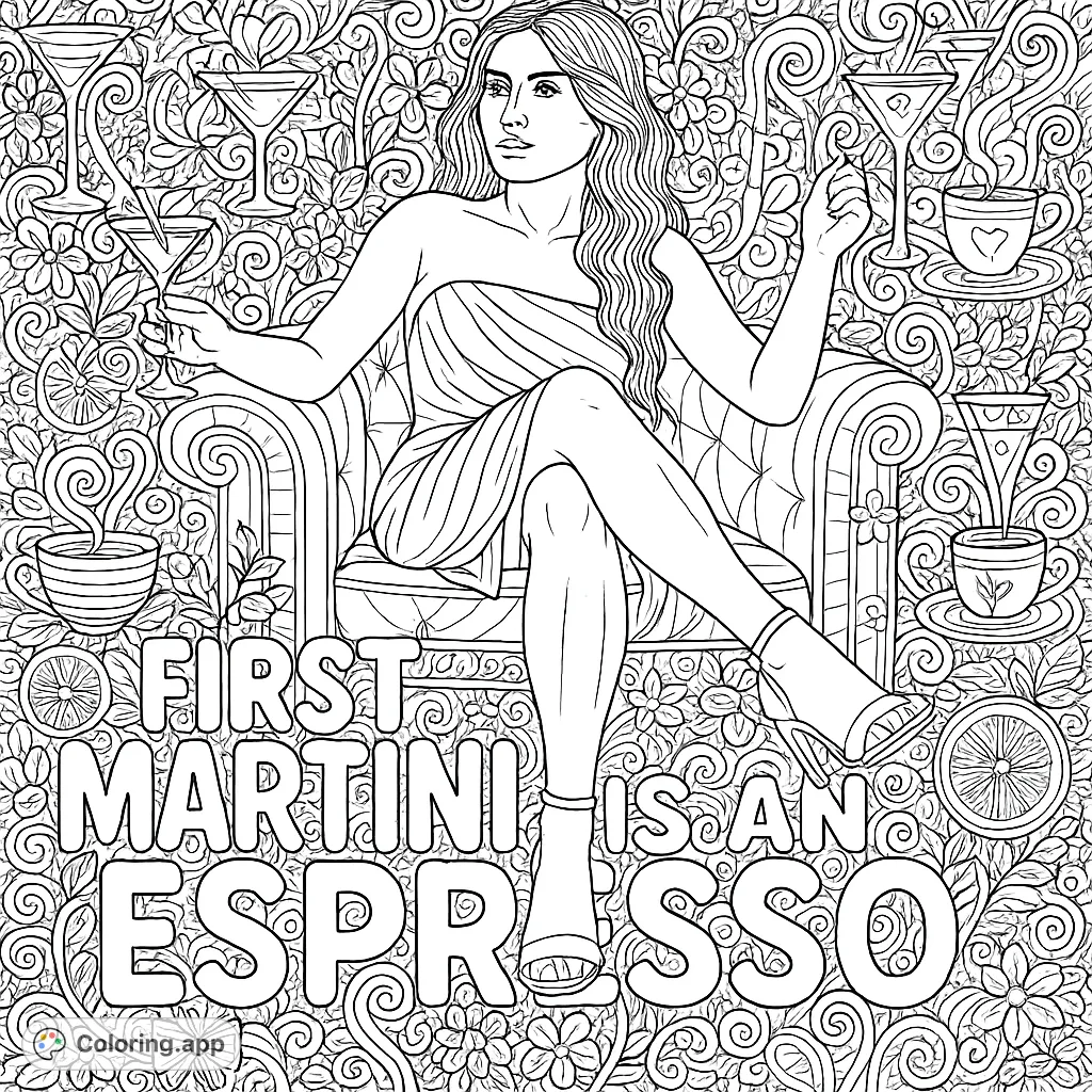A glamorous woman sips a martini amidst a dense, whimsical background of cocktail and coffee elements, with a playful phrase for an engaging adult coloring experience.