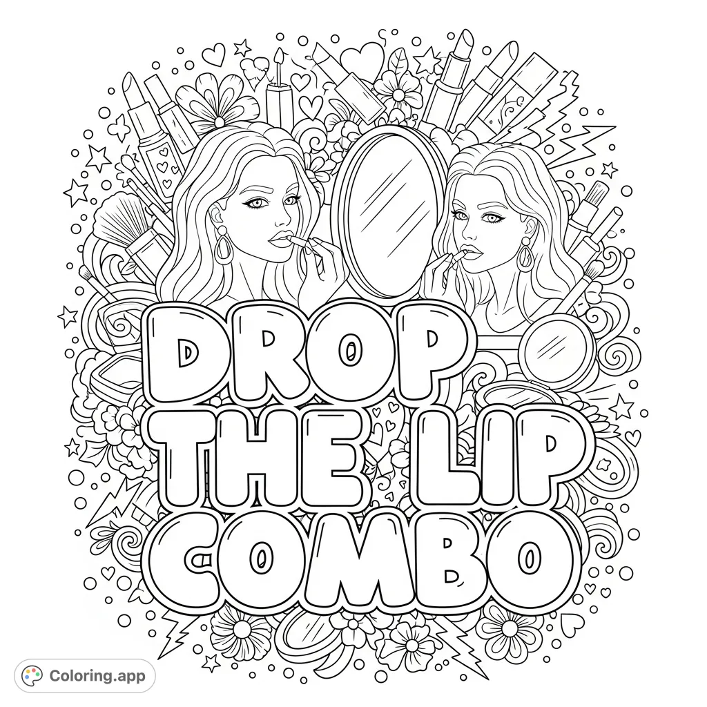 Capture a moment of glamour with a stylish woman applying lip product, surrounded by intricate patterns of makeup items, stars, and flowers. A detailed fashion coloring page.