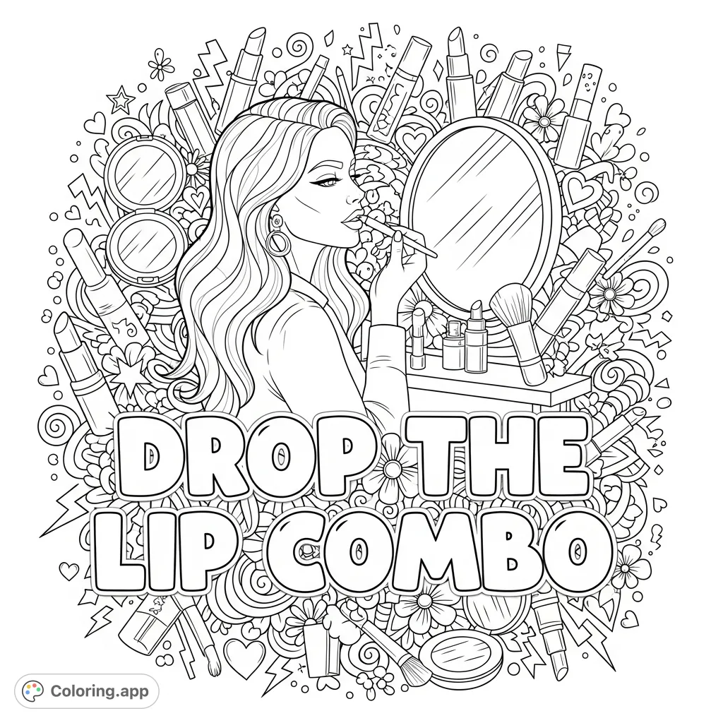 Capture a moment of glamour with a stylish woman applying lip product, surrounded by intricate patterns of makeup items, stars, and flowers. A detailed fashion coloring page.