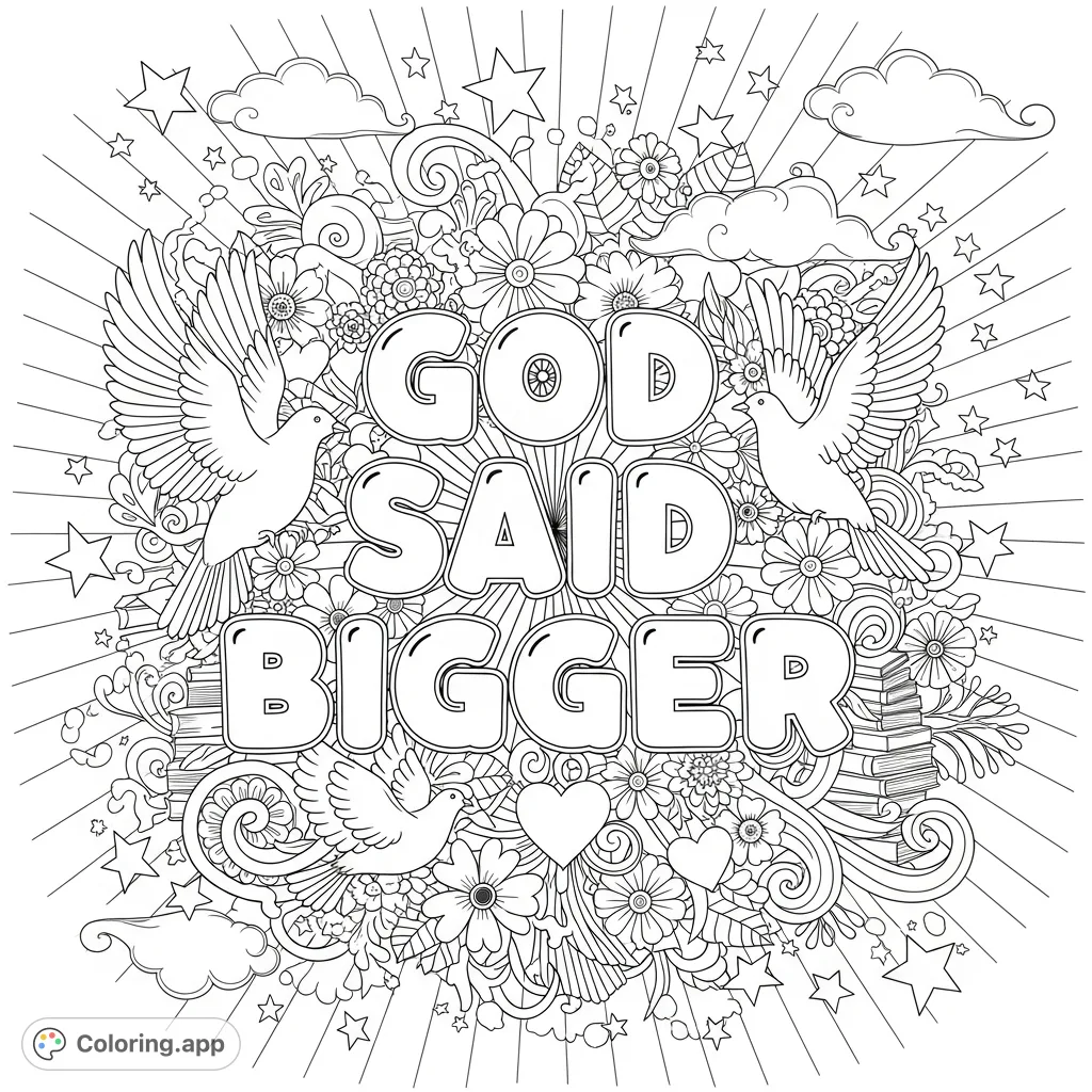 An uplifting 'God Said Bigger' coloring page, surrounded by intricate spiritual doodles of light, stars, doves, flowers, and mandalas for faith-inspired relaxation.