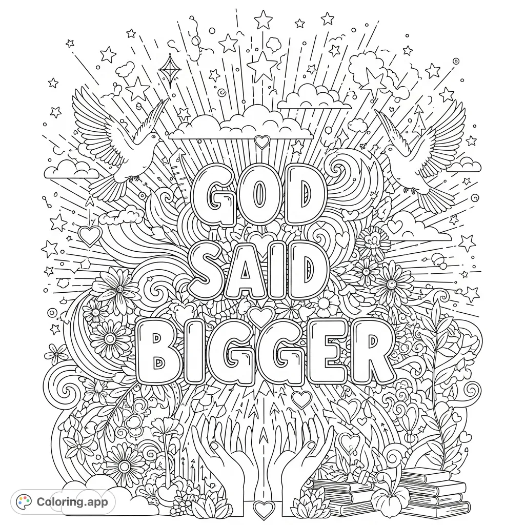 An empowering coloring page featuring 'God Said Bigger' in bold letters, surrounded by a dense, spiritual doodle background of rays, stars, doves, flowers, and growth symbols.