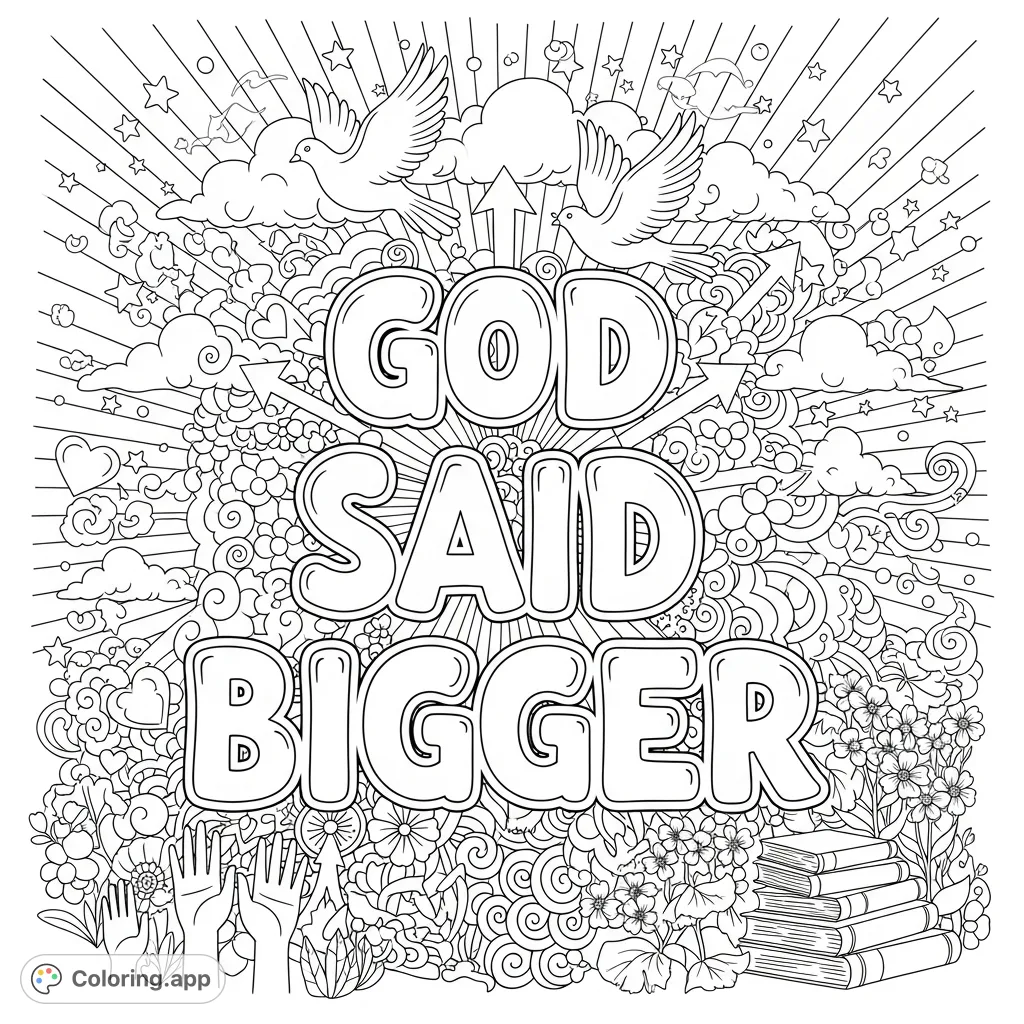 An intricate faith-inspired coloring page featuring the uplifting phrase "God Said Bigger" surrounded by a dense, spiritual doodle background of stars, doves, and mandalas.