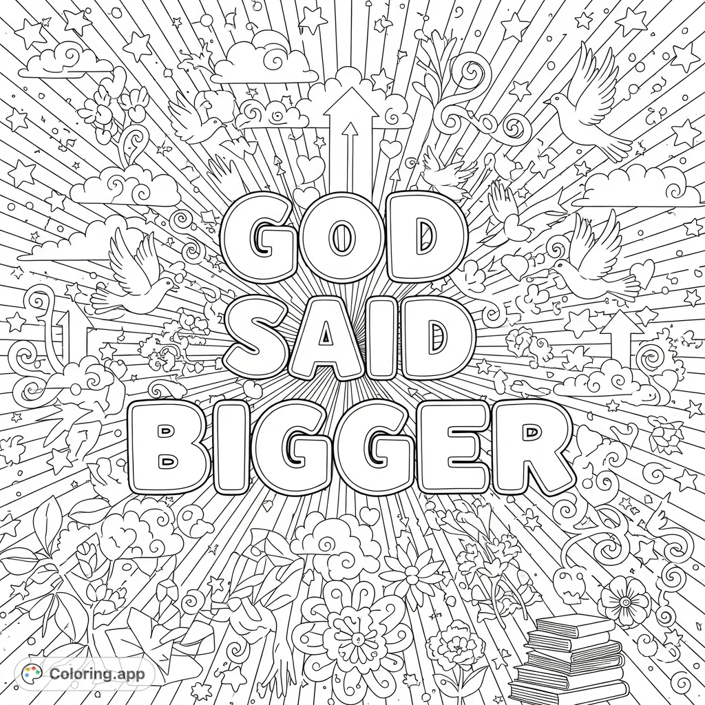 An intricate faith-inspired coloring page featuring the uplifting phrase "God Said Bigger" surrounded by a dense, spiritual doodle background of stars, doves, and mandalas.