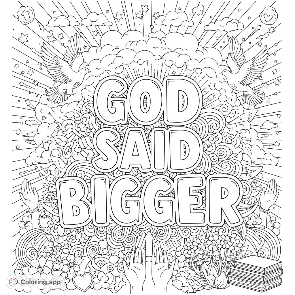 An intricate faith-inspired coloring page featuring the uplifting phrase "God Said Bigger" surrounded by a dense, spiritual doodle background of stars, doves, and mandalas.