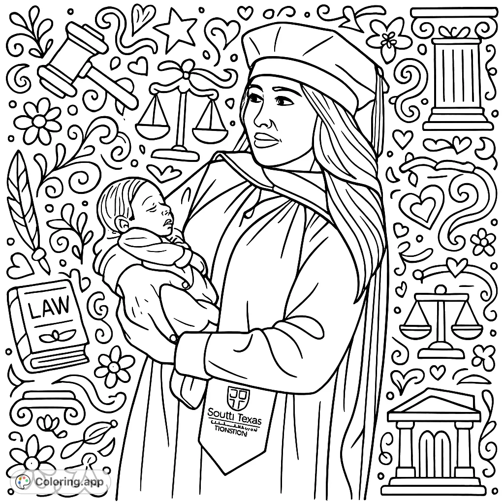 Celebrate a milestone with this detailed graduation mom and baby coloring page, featuring a cartoony style and a dense judicial theme. Perfect for adults!