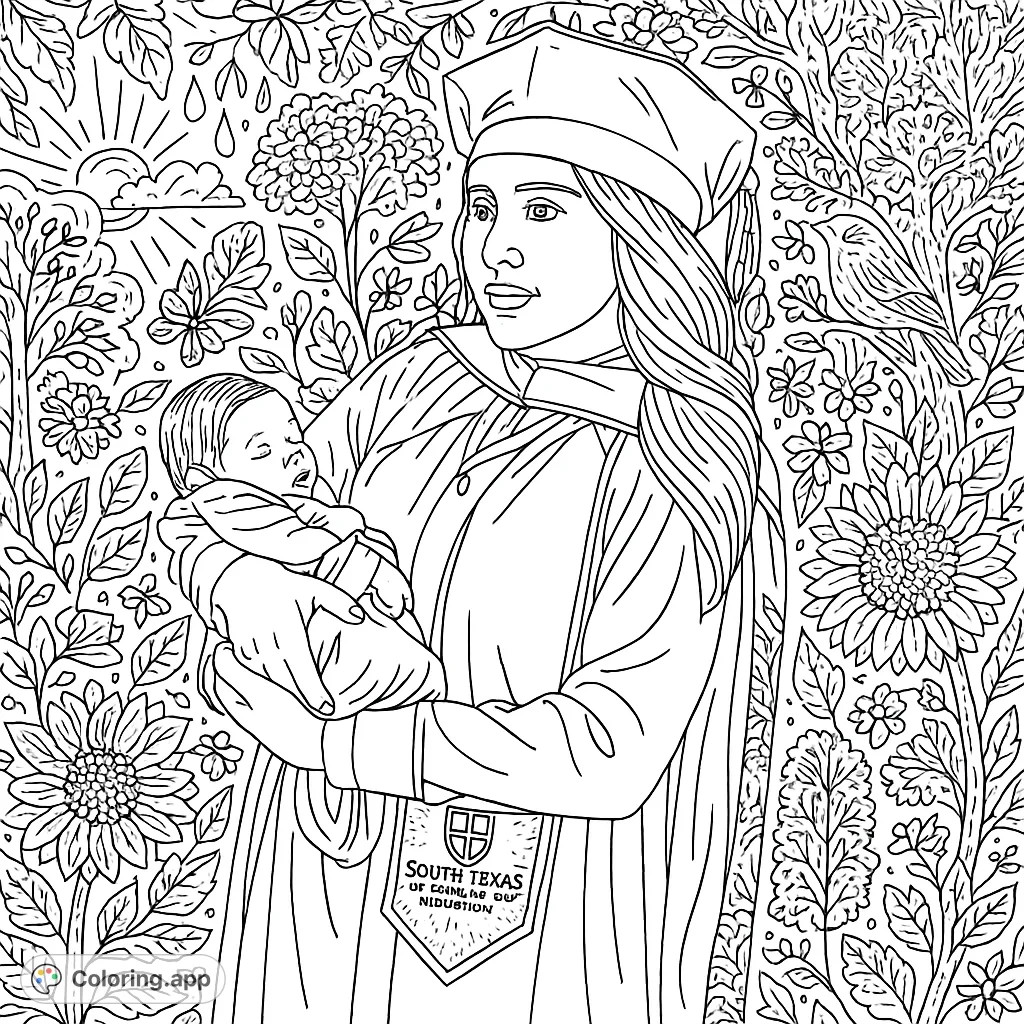 Celebrate achievement and new beginnings with this empowering graduation motherhood coloring page. Intricate doodles surround a proud graduate holding her baby.