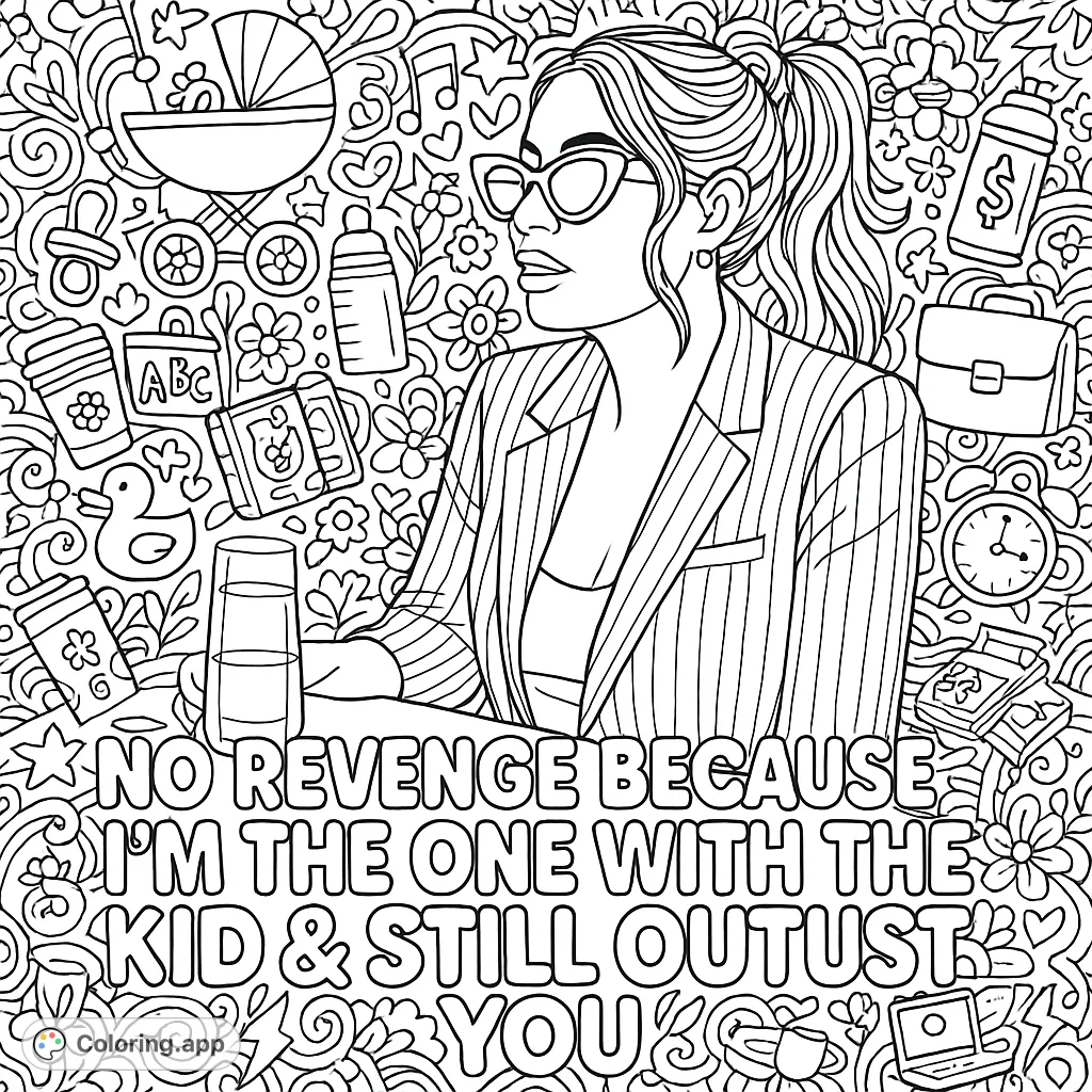 Empowering coloring page featuring a woman in sunglasses, bold text, and an intricate doodle background blending motherhood and hustle themes for stress relief.