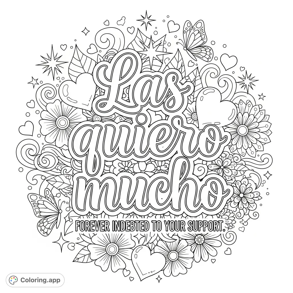 A heartfelt 'Las quiero mucho' message surrounded by a beautiful, intricate doodle of flowers, hearts, and butterflies, perfect for stress-relieving coloring.