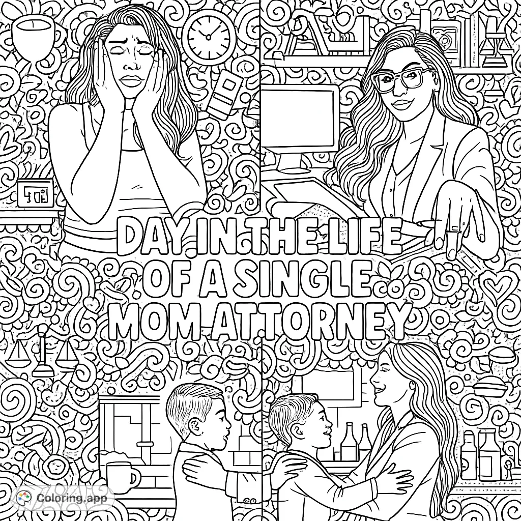 Explore the dynamic life of a single mom attorney balancing career and family. This detailed coloring page features contrasting scenes and empowering doodles.