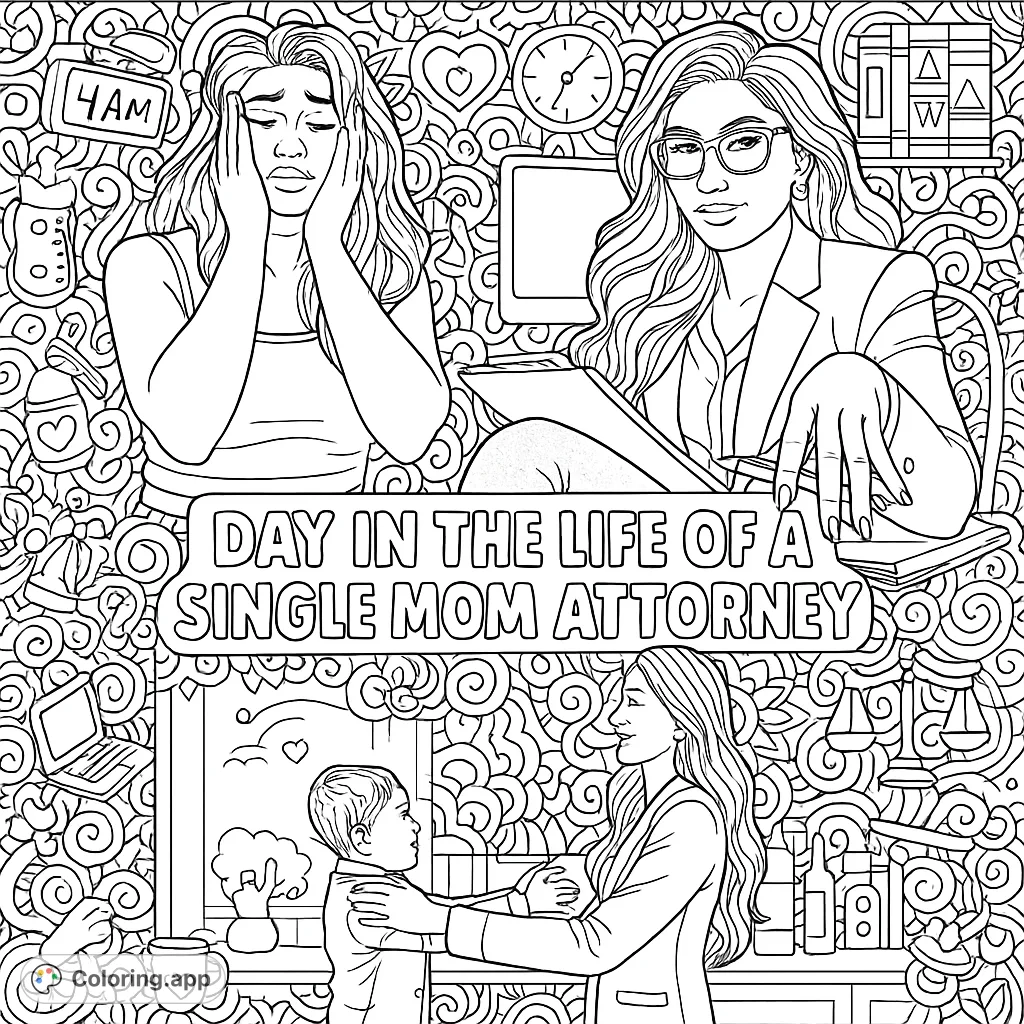 Explore the dynamic life of a single mom attorney balancing career and family. This detailed coloring page features contrasting scenes and empowering doodles.