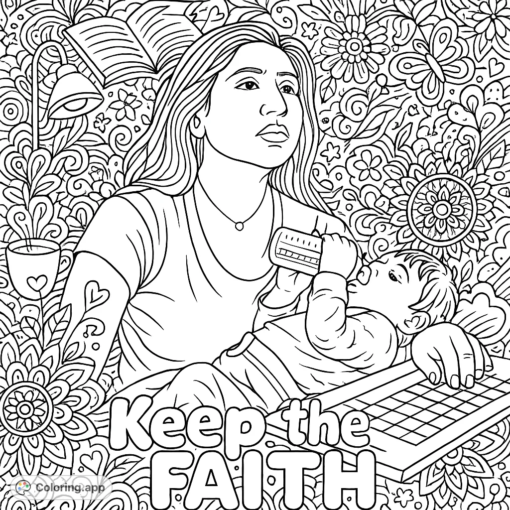An inspirational mother and child coloring page featuring a woman and baby, surrounded by intricate doodles and the phrase "Keep the Faith." Perfect for stress relief.