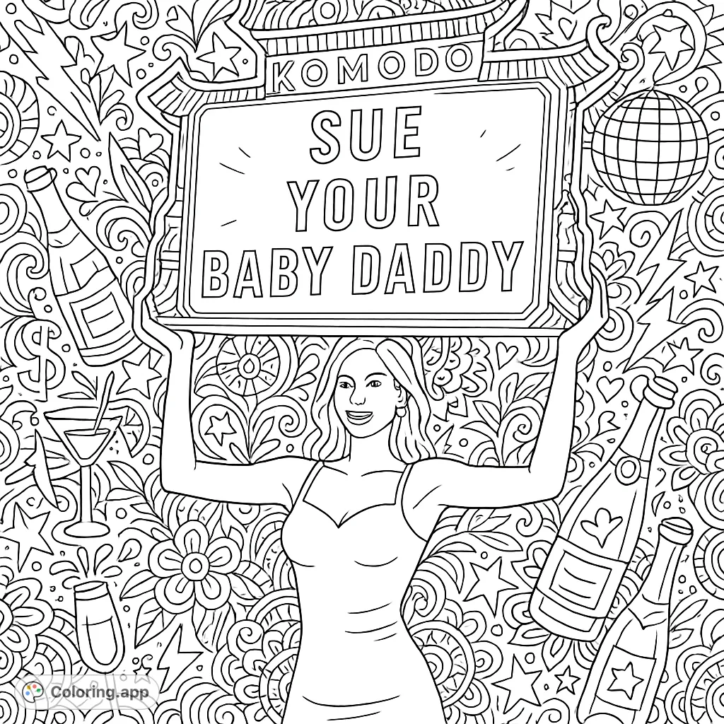 A glamorous bottle girl holds a bold, cheeky sign in a vibrant nightclub scene, surrounded by intricate doodles. A fun adult coloring page for stress relief.