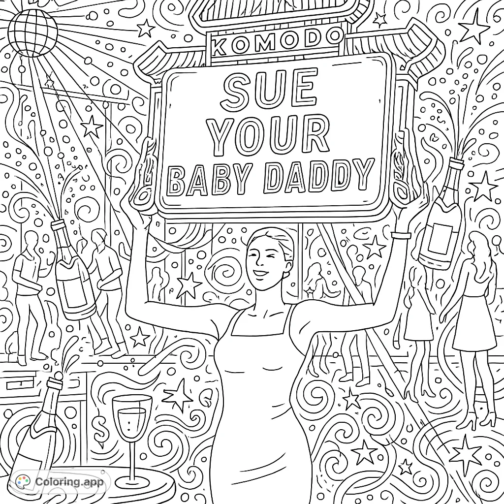 An empowering adult coloring page featuring a woman holding a "SUE YOUR BABY DADDY" sign in a bustling nightclub, filled with intricate doodle details.