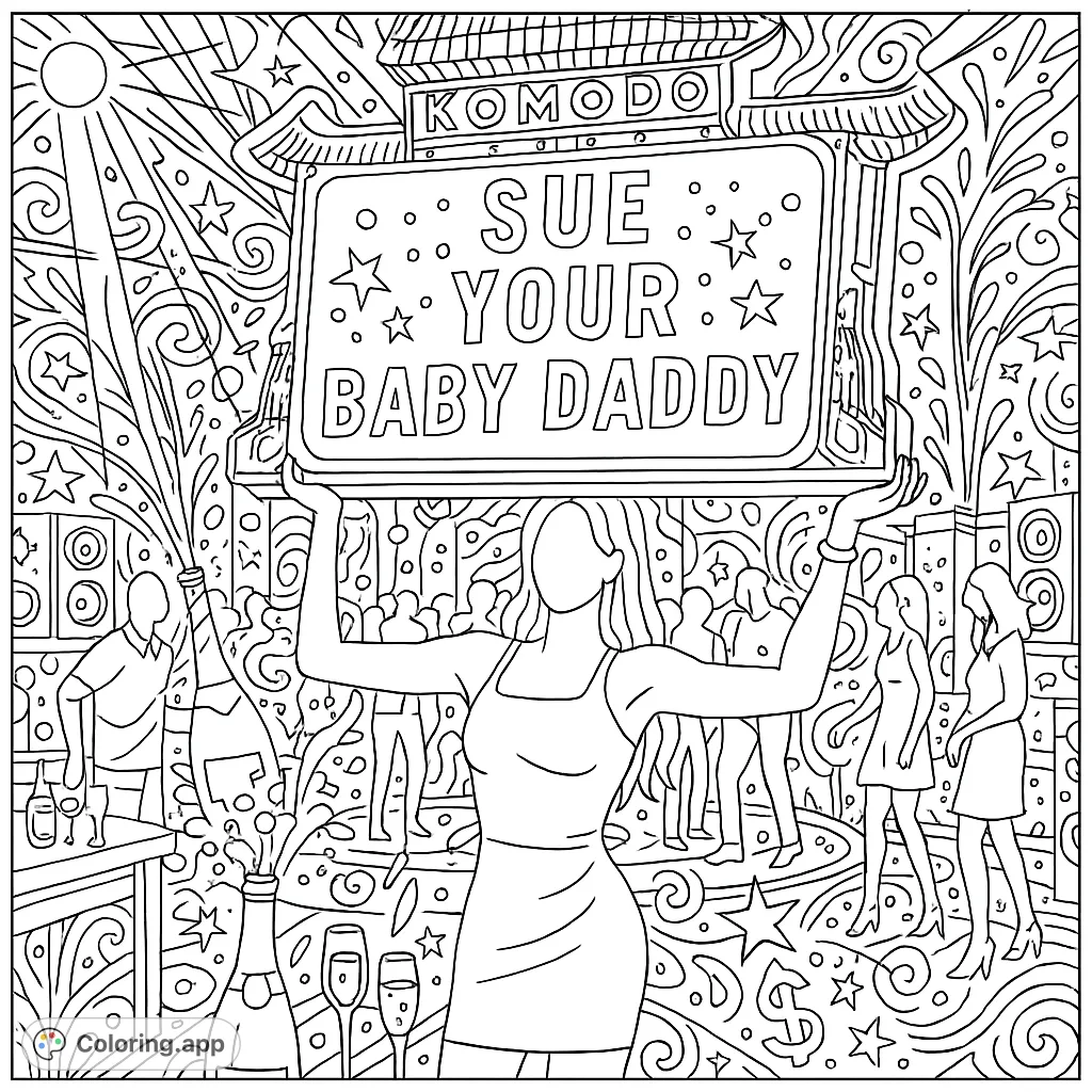 An empowering adult coloring page featuring a woman holding a "SUE YOUR BABY DADDY" sign in a bustling nightclub, filled with intricate doodle details.