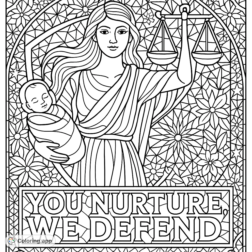 An intricate stained-glass style coloring page featuring Lady Justice holding a baby and scales, surrounded by detailed patterns and empowering text.