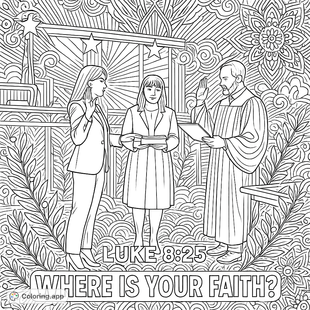 An intricate adult coloring page depicting a solemn oath-taking ceremony in a courtroom, surrounded by ornate patterns and an inspirational scripture. Perfect for faith-themed coloring.