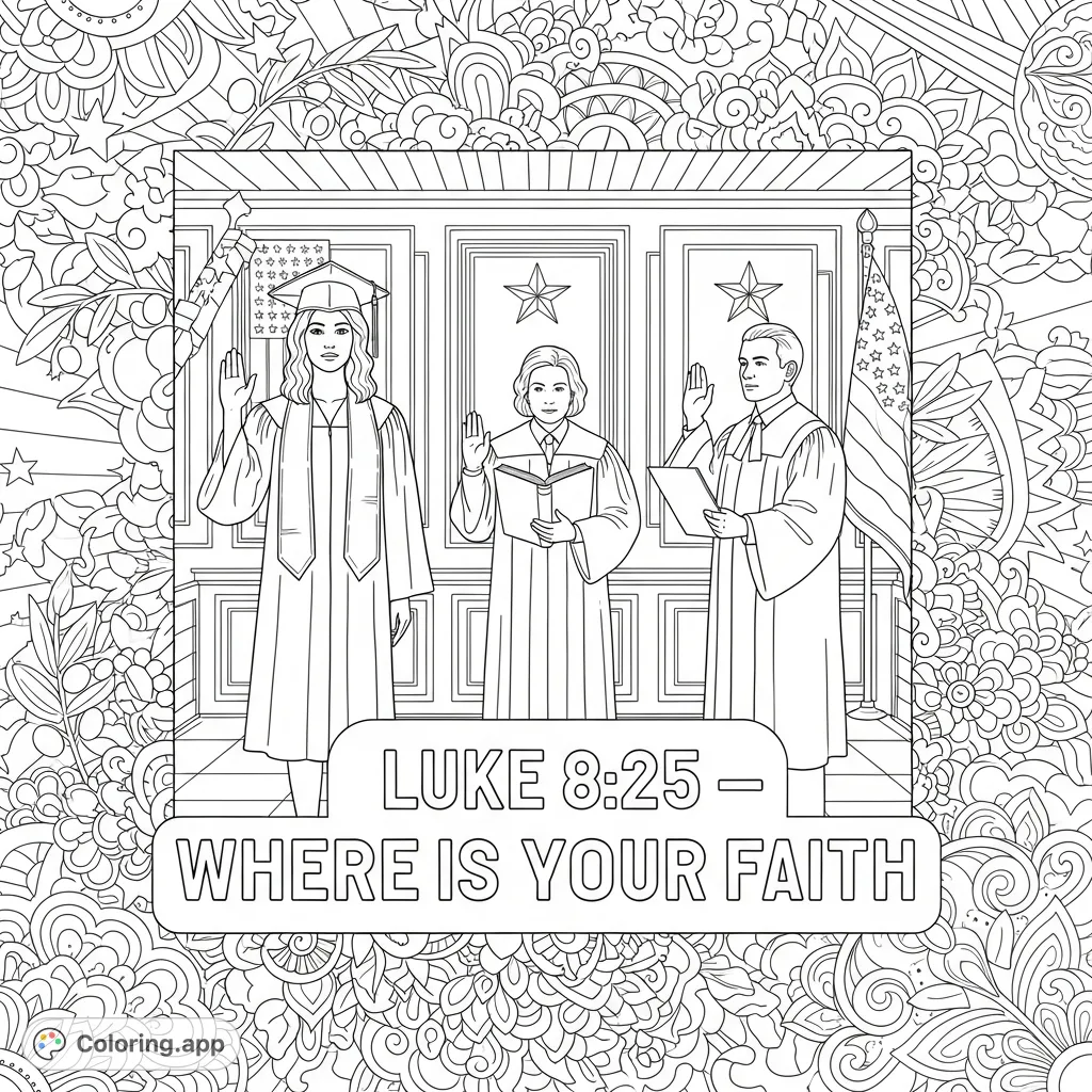 A solemn scene of a graduate taking an oath with judicial figures, framed by intricate patterns and a biblical quote. A detailed coloring page.