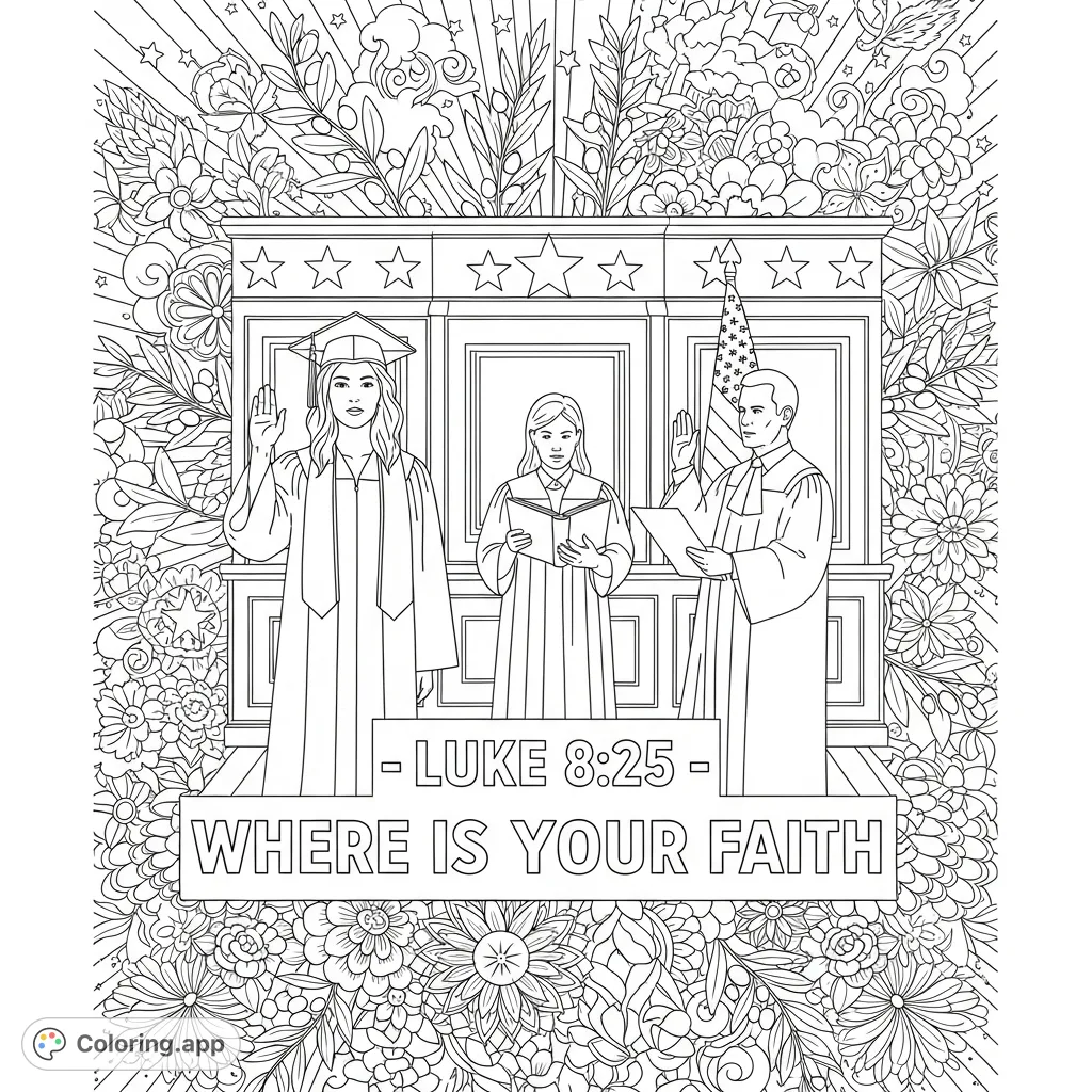 A solemn scene of a graduate taking an oath with judicial figures, framed by intricate patterns and a biblical quote. A detailed coloring page.