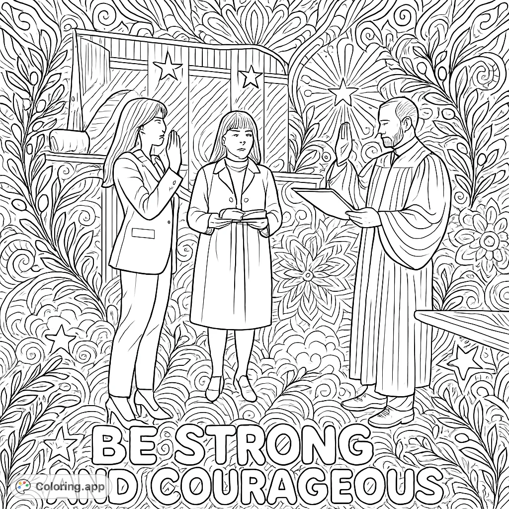 An empowering oath-taking ceremony in a formal courtroom, surrounded by intricate mandala patterns and an inspirational scriptural verse for adult colorists.