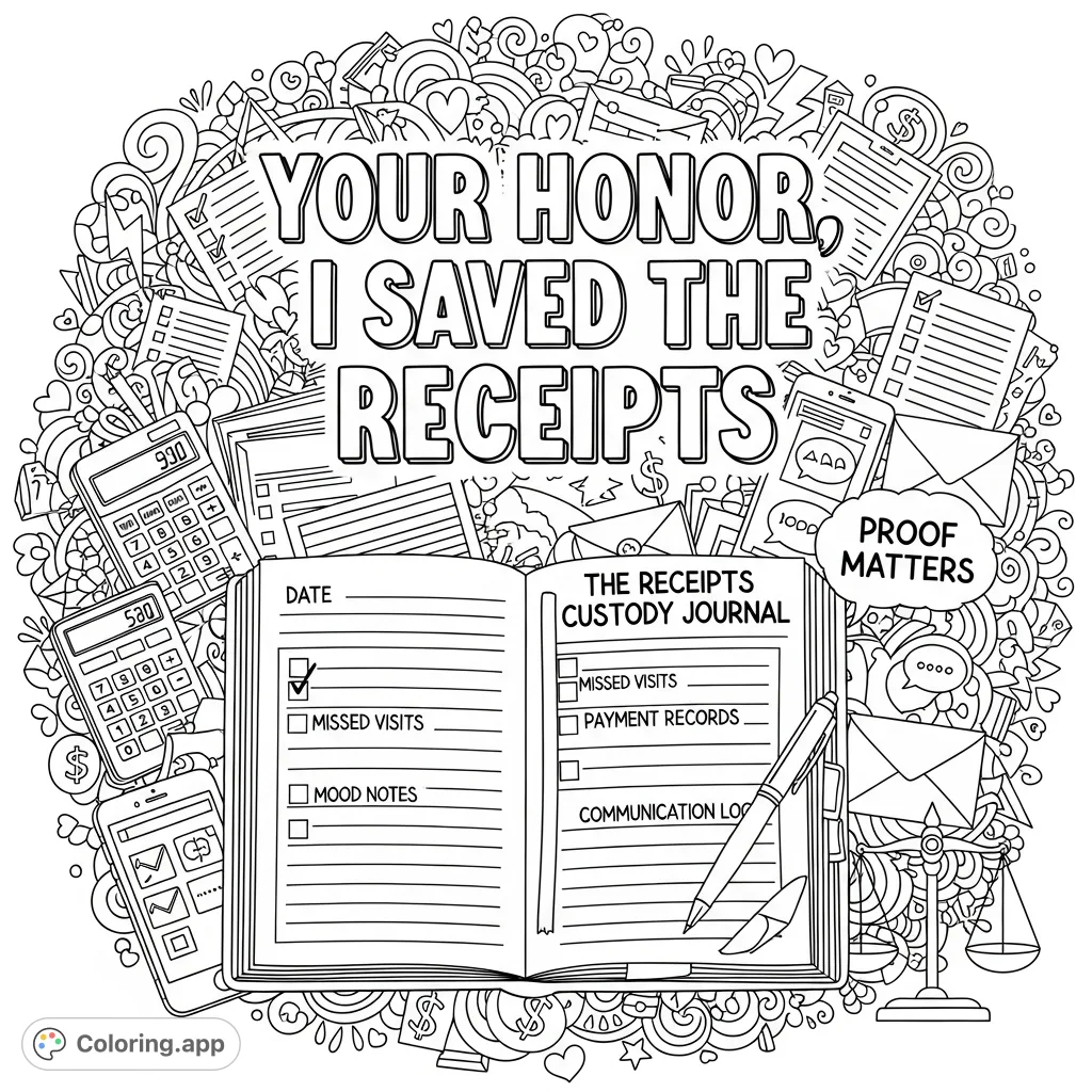 Empowering adult coloring page featuring "Your Honor, I Saved the Receipts" text, a detailed custody journal, and cheeky doodles for stress relief.
