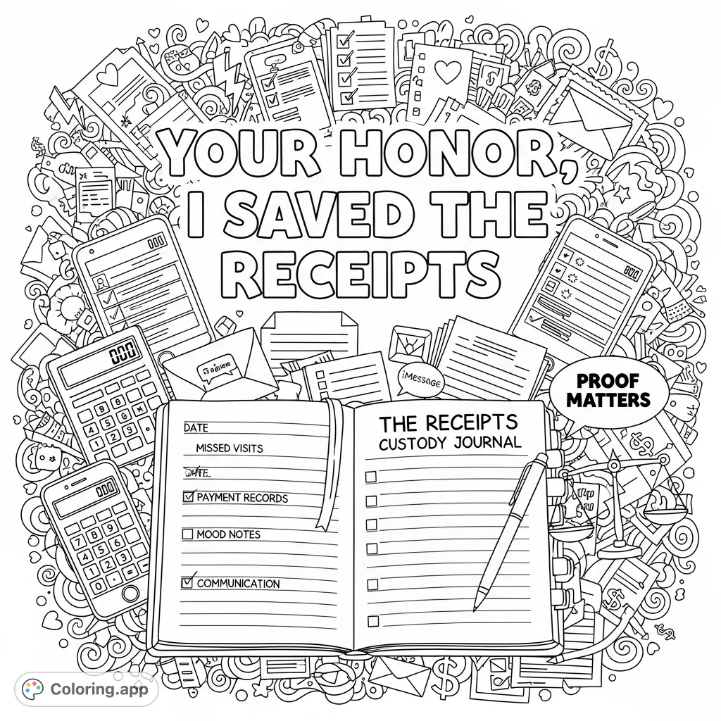 Empowering adult coloring page featuring "Your Honor, I Saved the Receipts" text, a detailed custody journal, and cheeky doodles for stress relief.