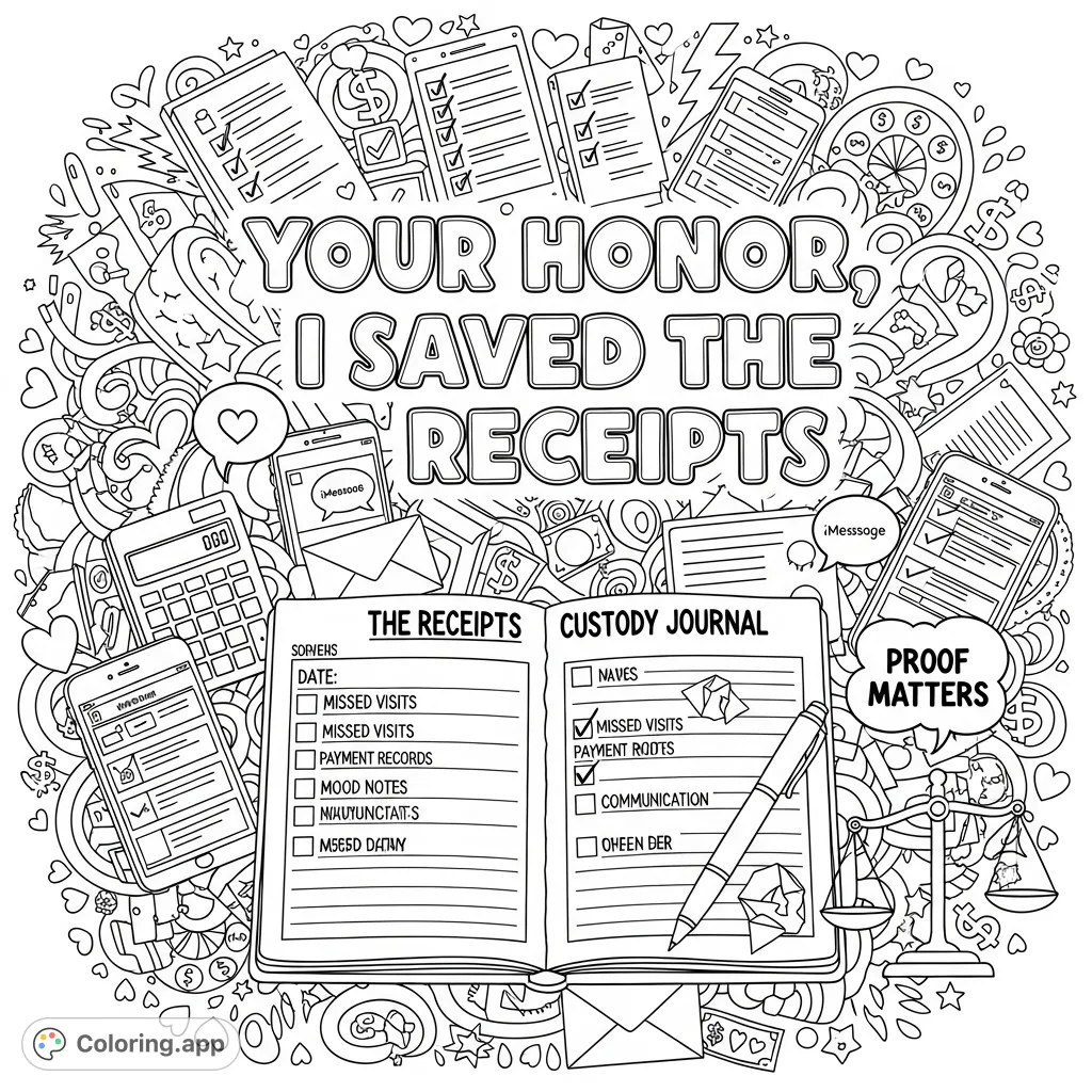 Empowering adult coloring page featuring "Your Honor, I Saved the Receipts" text, a detailed custody journal, and cheeky doodles for stress relief.