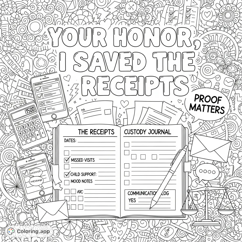 Empowering adult coloring page featuring "Your Honor, I Saved the Receipts," a detailed custody journal, and playful doodles of proof and documentation.