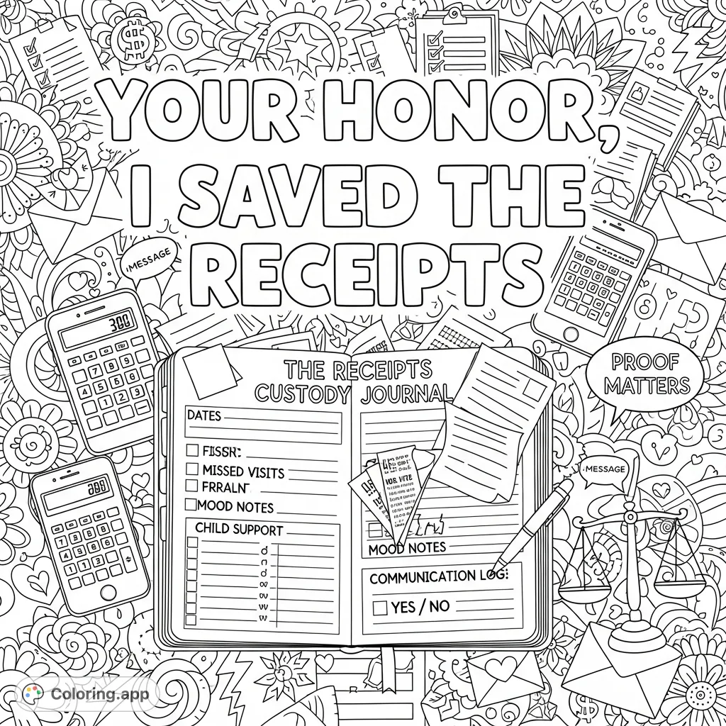 Empowering adult coloring page featuring "Your Honor, I Saved the Receipts," a detailed custody journal, and playful doodles of proof and documentation.