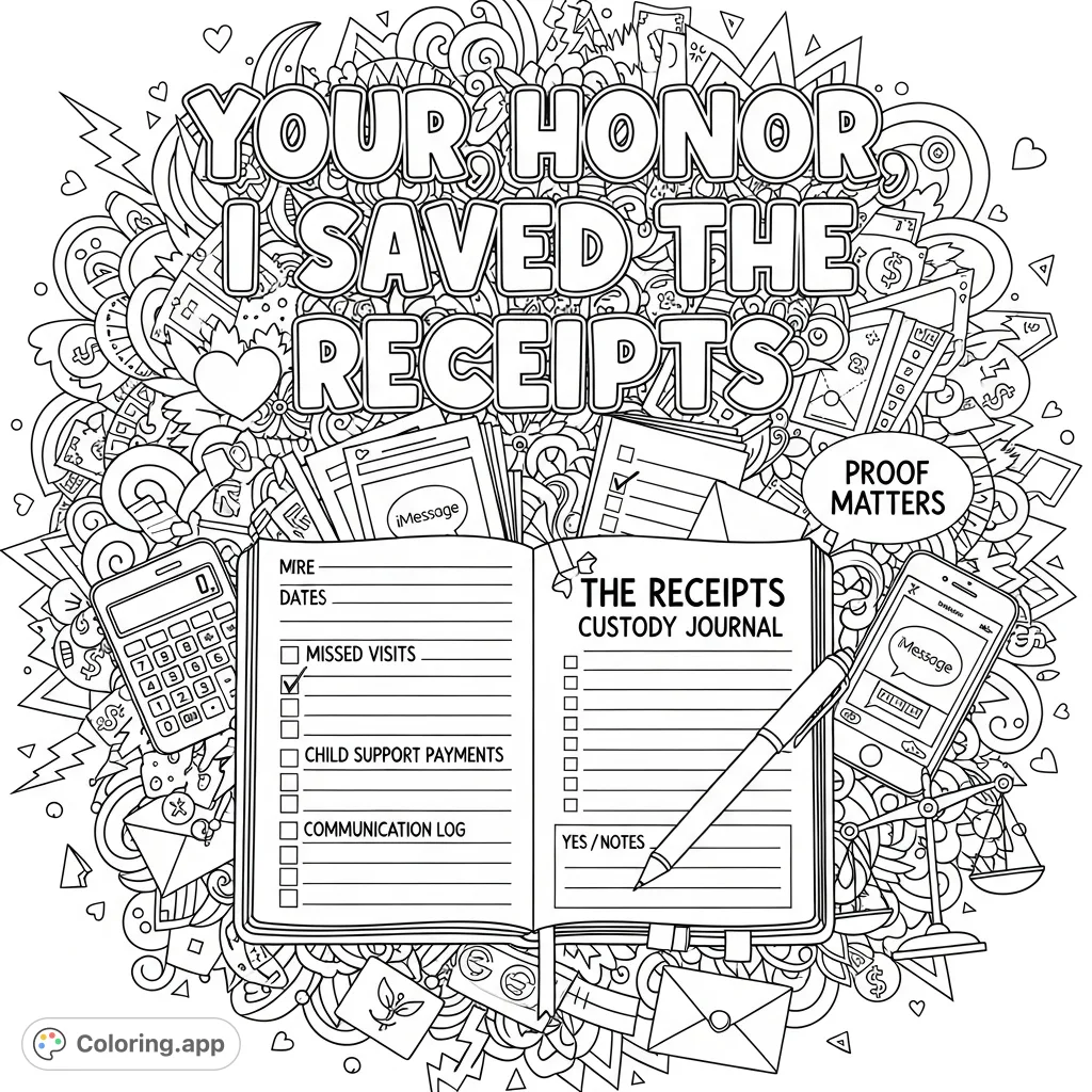 An empowering "Your Honor, I Saved the Receipts" coloring page featuring a detailed custody journal, legal doodles, and a busy background for stress-relieving creativity.