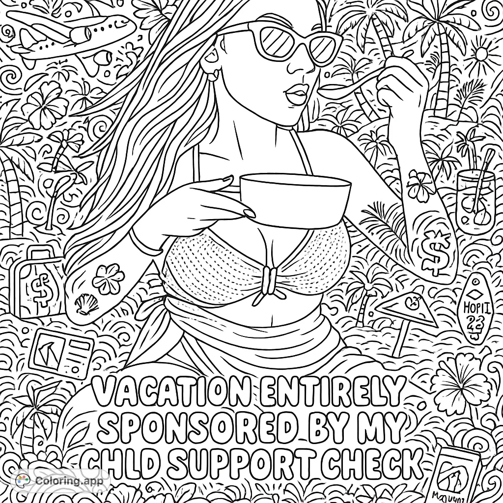 Sassy beach vacation scene with a woman enjoying a meal, surrounded by playful travel doodles and a cheeky phrase. Perfect for adult colorists.