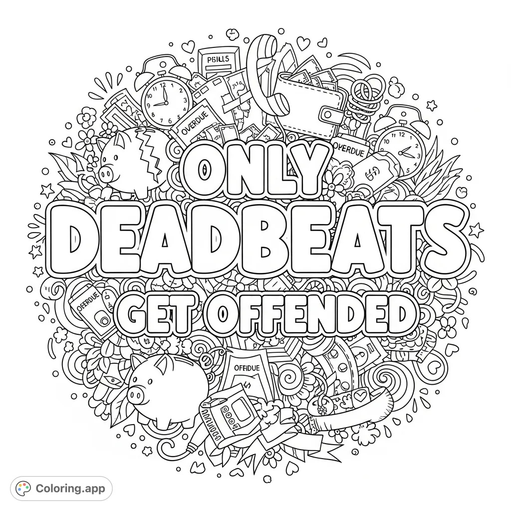 An intricate adult coloring page featuring the bold phrase "Only Deadbeats Get Offended" surrounded by detailed doodles of financial woes and playful accents.