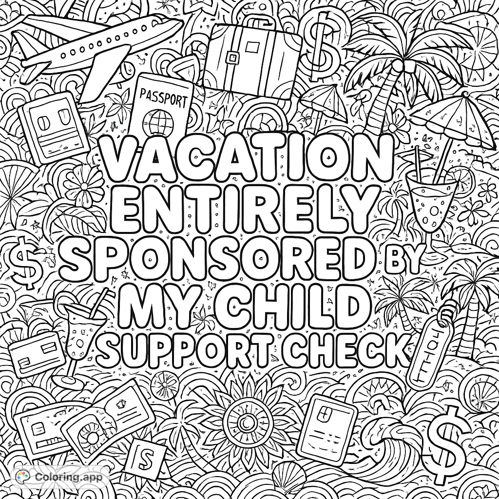 Dive into a sassy adult coloring page featuring a bold vacation phrase surrounded by intricate doodles of luxury travel items, tropical elements, and playful patterns.