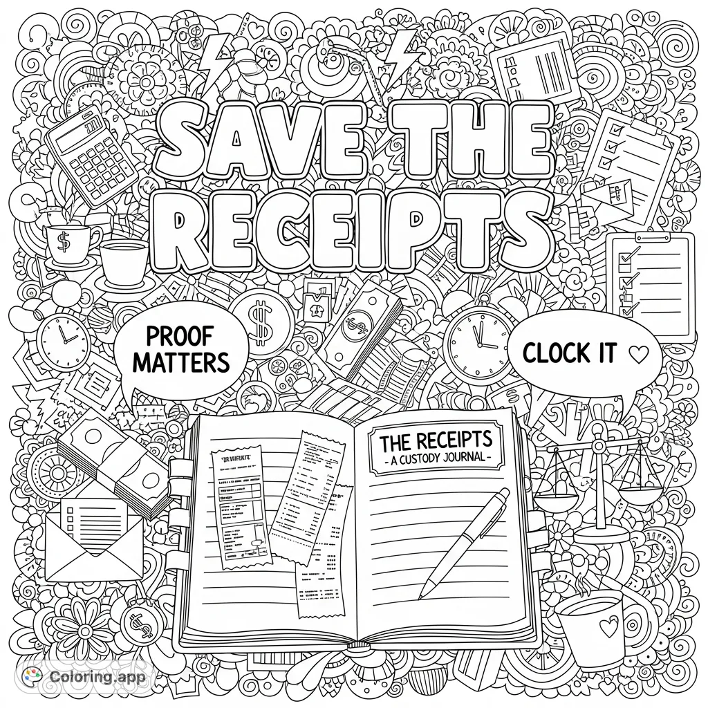 An empowering coloring page featuring "Save the Receipts" in bold letters, an open custody journal, and intricate doodles of financial and legal symbols.