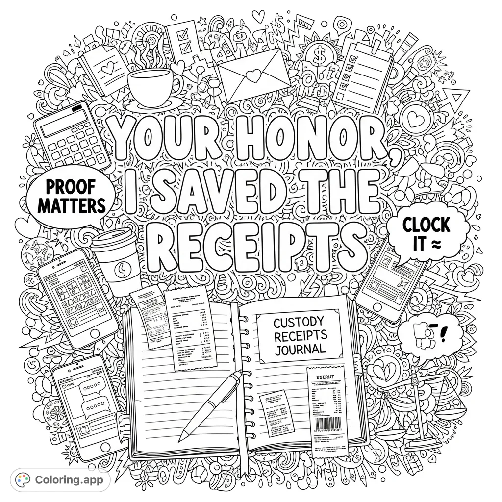 An empowering adult coloring page featuring the bold phrase "Your Honor, I Saved the Receipts," surrounded by detailed doodles of evidence and legal symbols.