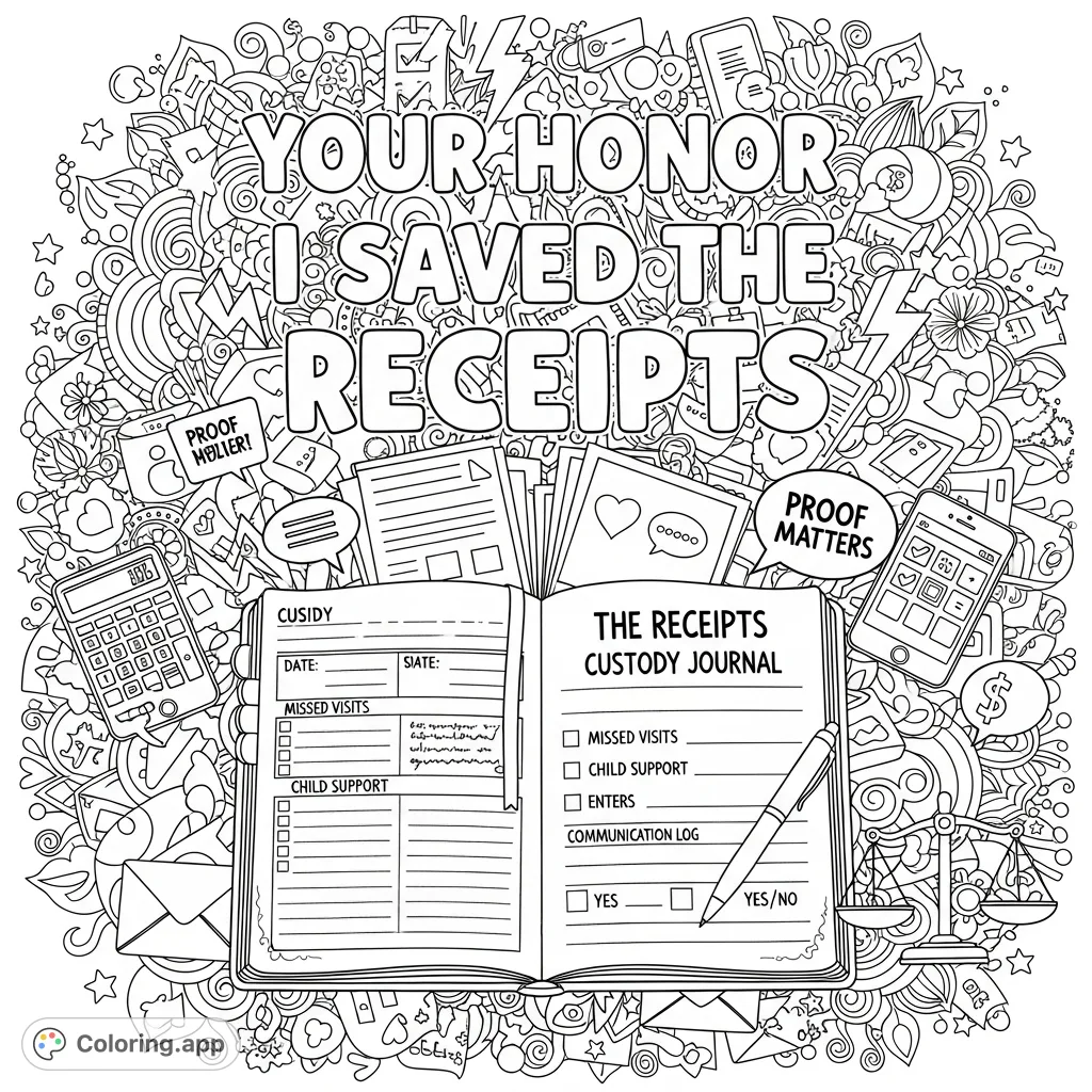 An empowering adult coloring page featuring 'Your Honor, I Saved the Receipts' in bold letters, surrounded by a detailed custody journal and symbolic doodles.