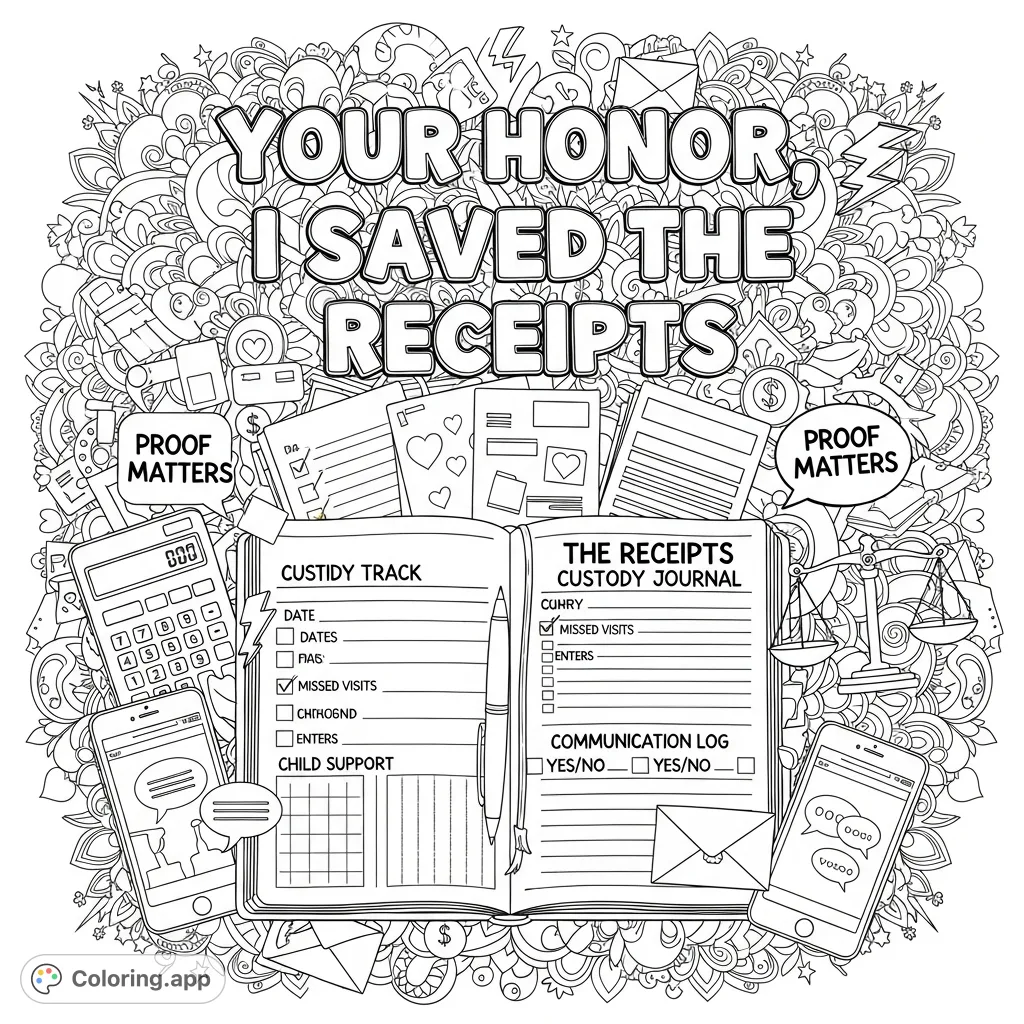 An empowering adult coloring page featuring 'Your Honor, I Saved the Receipts' in bold letters, surrounded by a detailed custody journal and symbolic doodles.