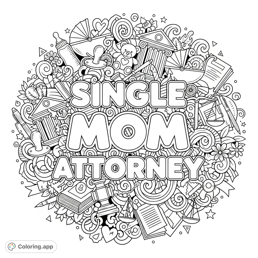 Celebrate the strength of a Single Mom Attorney with this intricate coloring page. Features bold text surrounded by detailed maternal and professional doodles.