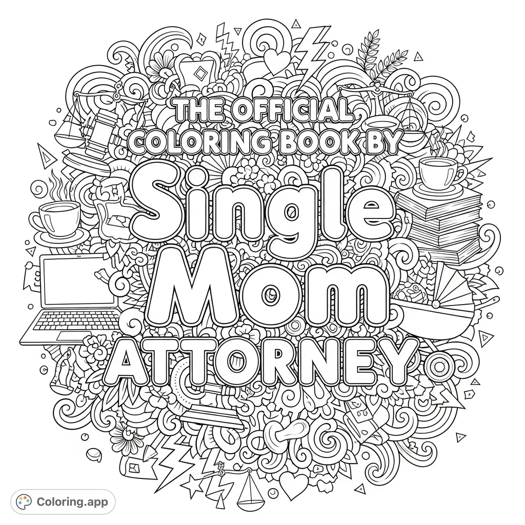 A dynamic coloring page featuring the title "Single Mom Attorney" surrounded by intricate doodles of law, motherhood, and empowerment symbols.