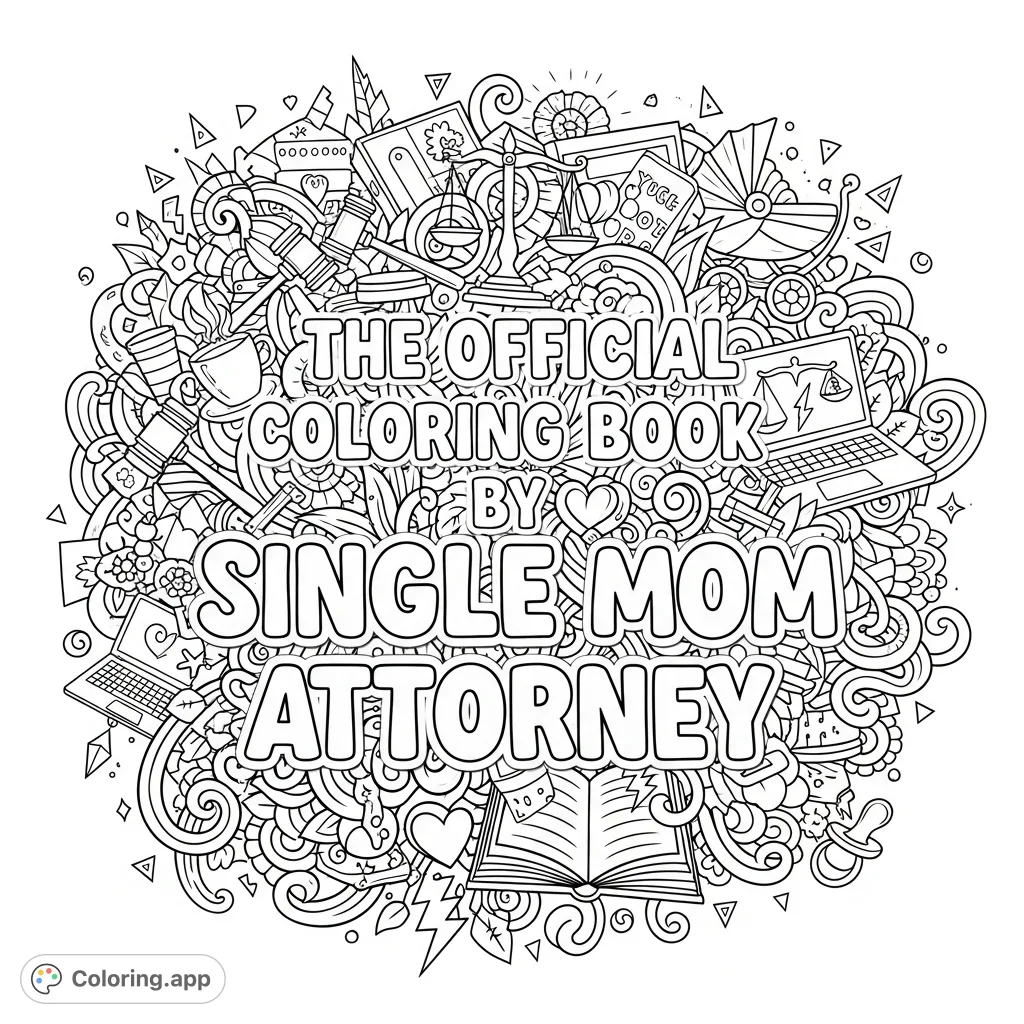 A powerful empowerment coloring page featuring the title "The Official Coloring Book by Single Mom Attorney" surrounded by intricate doodles of law, motherhood, and inspiration.