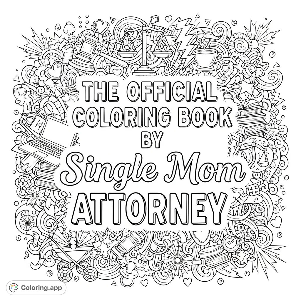 An empowering coloring page featuring the title 'The Official Coloring Book by Single Mom Attorney' surrounded by intricate doodles of law, motherhood, and strength.
