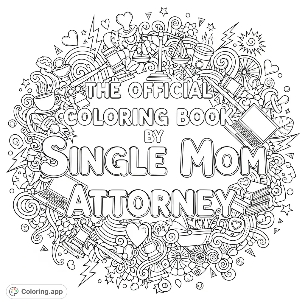 An empowering coloring page featuring the title 'The Official Coloring Book by Single Mom Attorney' surrounded by intricate doodles of law, motherhood, and strength.