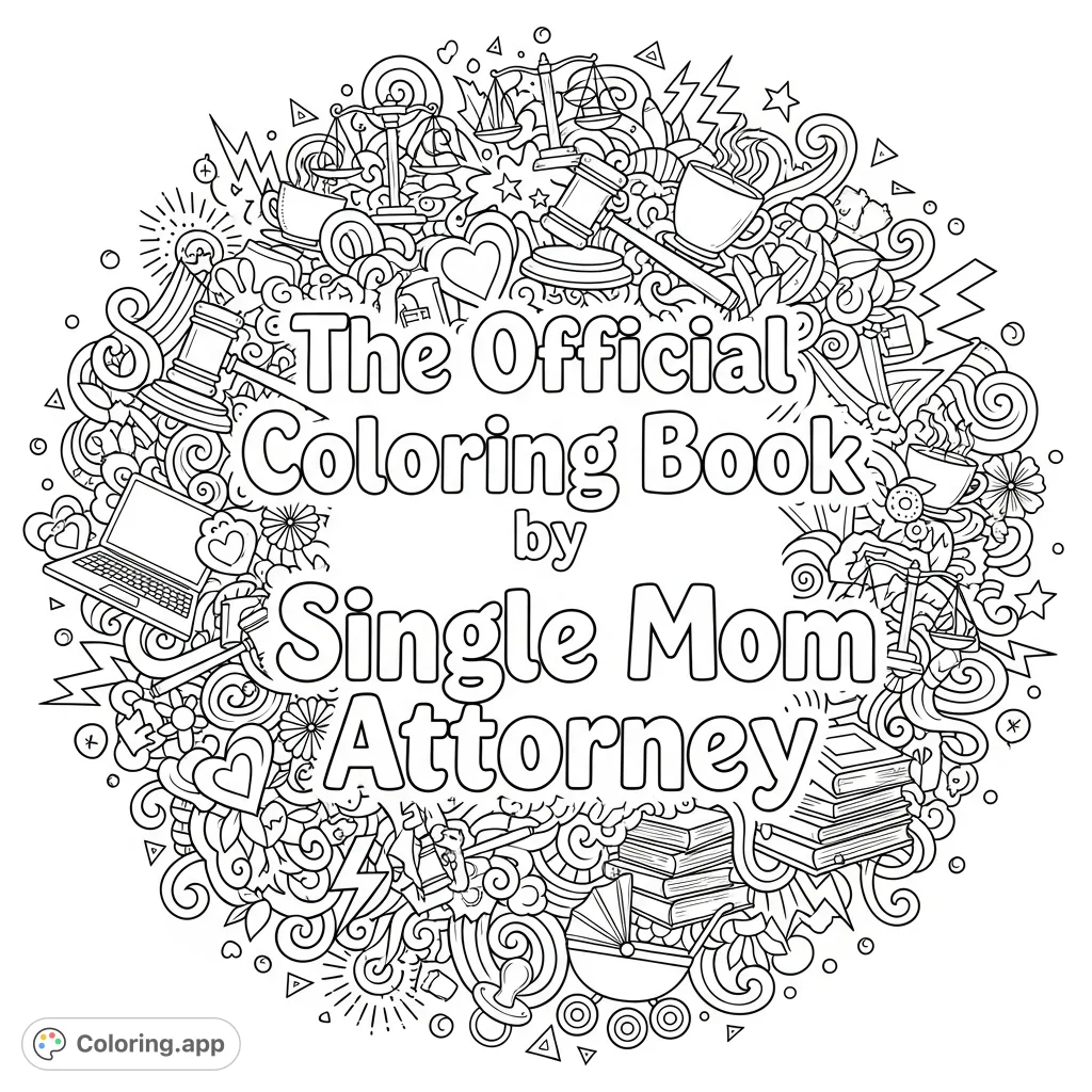 An empowering coloring page featuring the title 'The Official Coloring Book by Single Mom Attorney' surrounded by intricate doodles of law, motherhood, and strength.