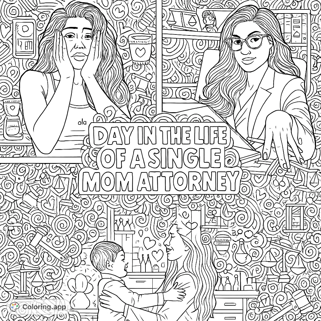 Explore the multifaceted life of a single mom attorney, balancing career and family in this empowering, highly detailed coloring page with intricate doodle elements.