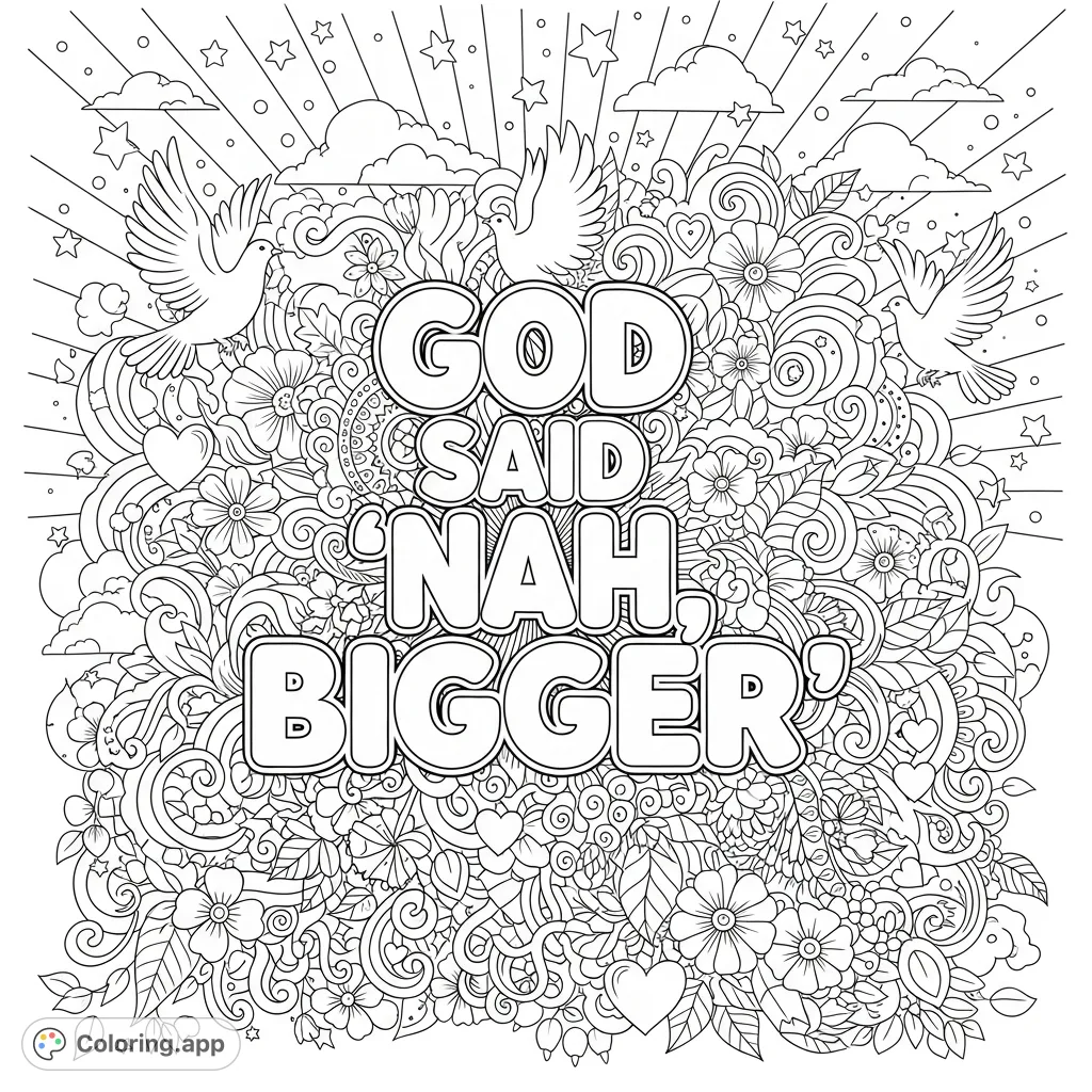 An intricate, faith-inspired coloring page featuring the empowering phrase "God Said 'Nah, Bigger'" surrounded by radiant beams, stars, doves, flowers, and mandala swirls.