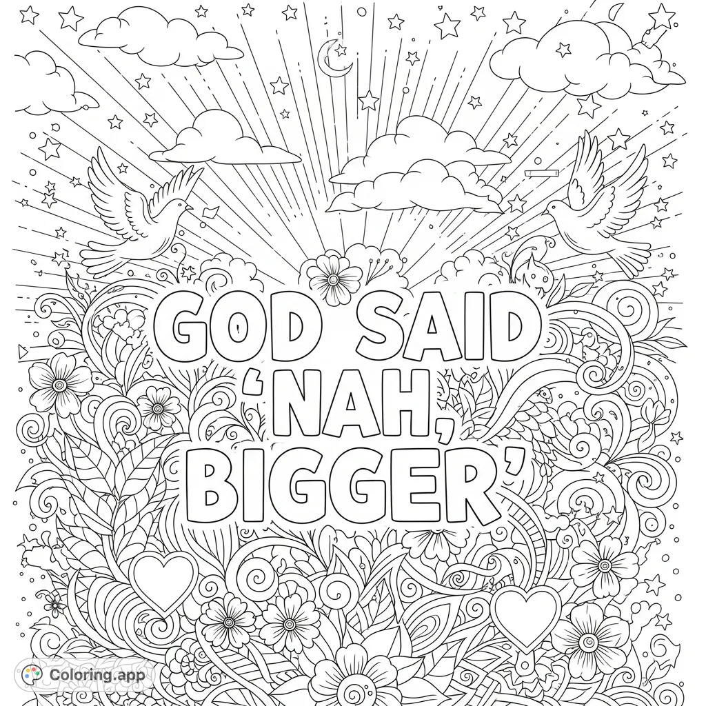 An intricate, faith-inspired coloring page featuring the empowering phrase "God Said 'Nah, Bigger'" surrounded by radiant beams, stars, doves, flowers, and mandala swirls.